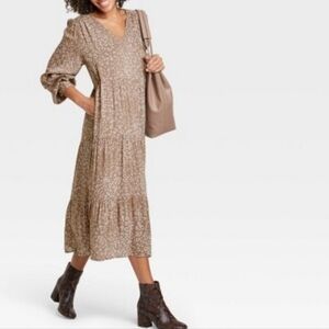 CottageCore Farmhouse Maxi Dress Flowy Neutral Brown Long Sleeve Dress S/M